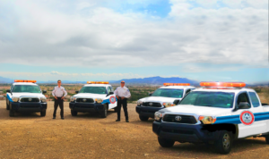 multiple security guards standing next to their global security concepts cars